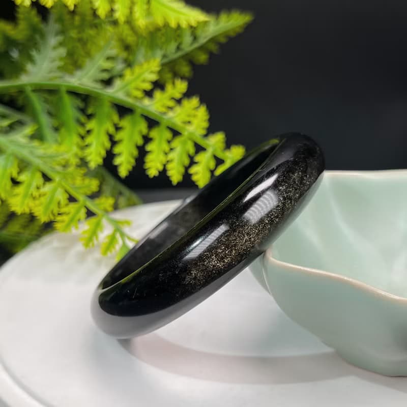 高品質 金曜石手鐲 59MM 玉化灑金金沙黑曜石手環 耀眼靈動解壓