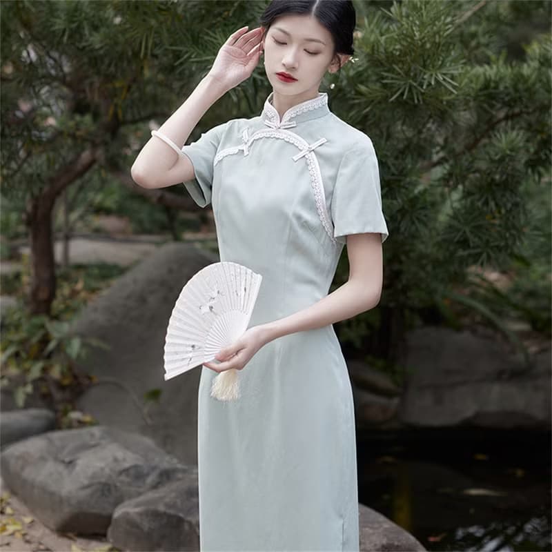 止水 淺綠色短袖改良雙襟旗袍 春夏少女日常洋裝 修身顯瘦連衣裙
