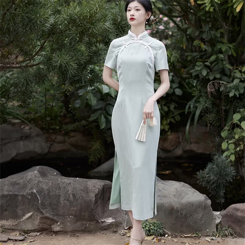 止水 淺綠色短袖改良雙襟旗袍 春夏少女日常洋裝 修身顯瘦連衣裙