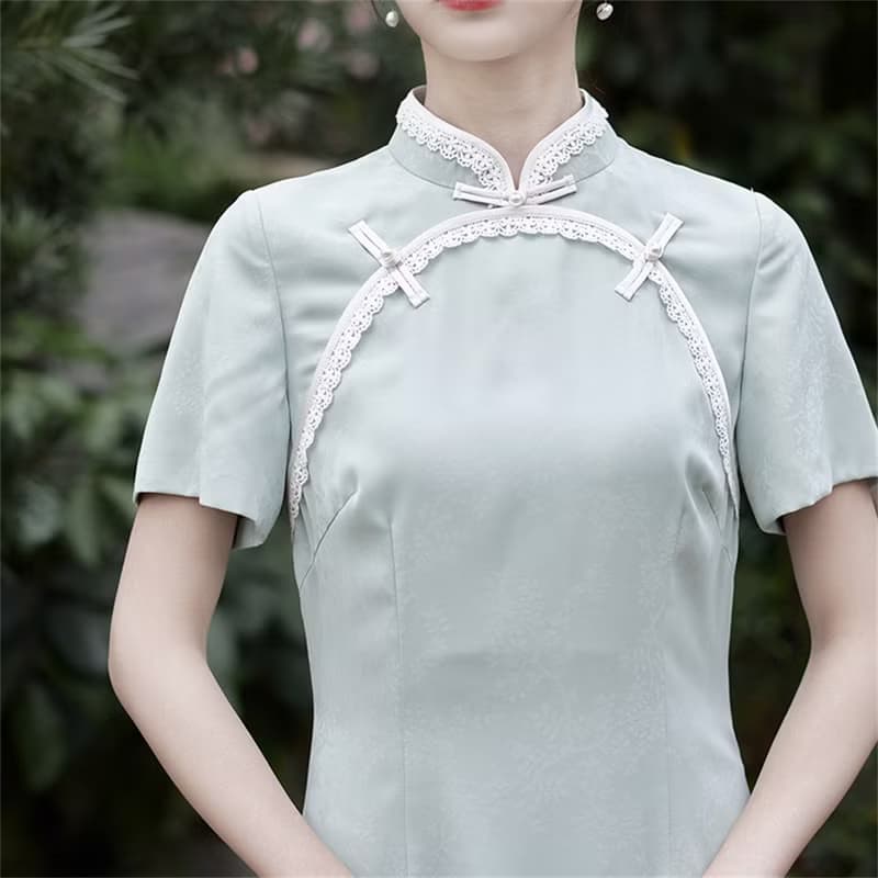 止水 淺綠色短袖改良雙襟旗袍 春夏少女日常洋裝 修身顯瘦連衣裙