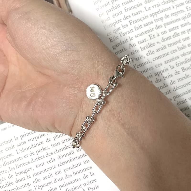 U link chain sterling silver bracelet with customizing initials pendant