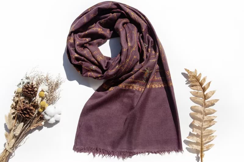 喀什米爾Cashmere/羊絨圍巾/純羊毛圍巾披巾/戒指絨披肩-刺繡花朵