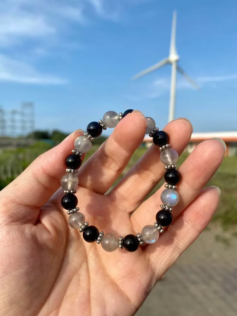 灰月光 黑耀石 中性 黑白水晶手串