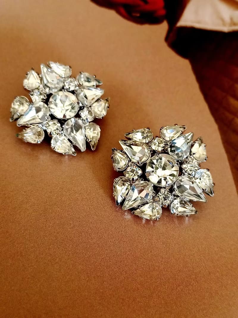 vintage jewelry WARNER 古董炫目透萊茵花卉 夾式耳環