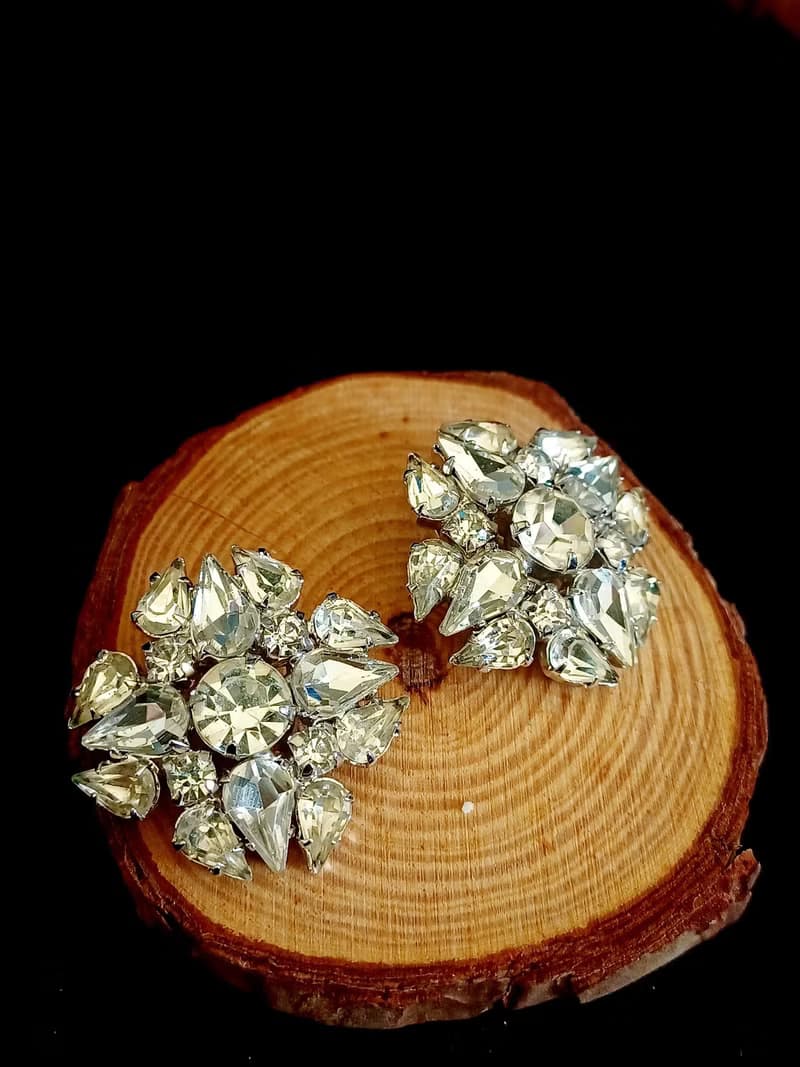 vintage jewelry WARNER 古董炫目透萊茵花卉 夾式耳環