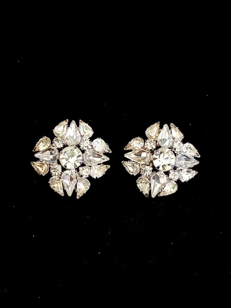 vintage jewelry WARNER 古董炫目透萊茵花卉 夾式耳環