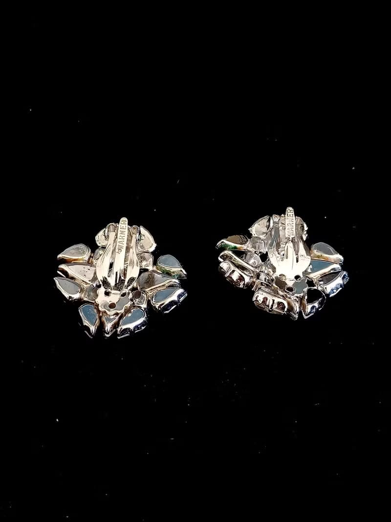 vintage jewelry WARNER 古董炫目透萊茵花卉 夾式耳環