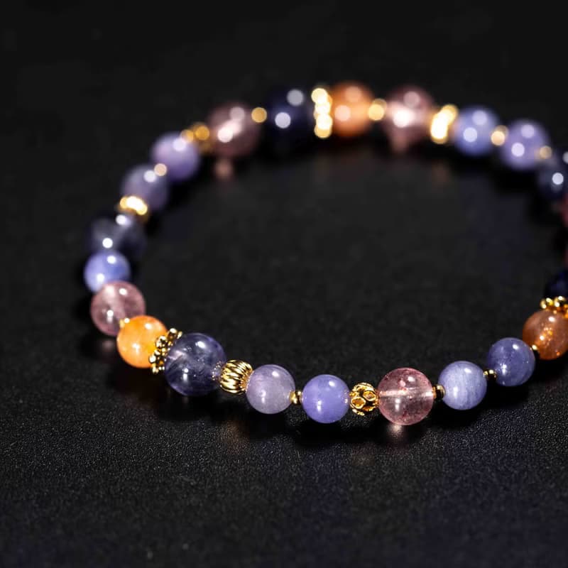 坦桑石菫青石草莓晶14k鍍金手鍊 | 天然水晶手鍊禮物