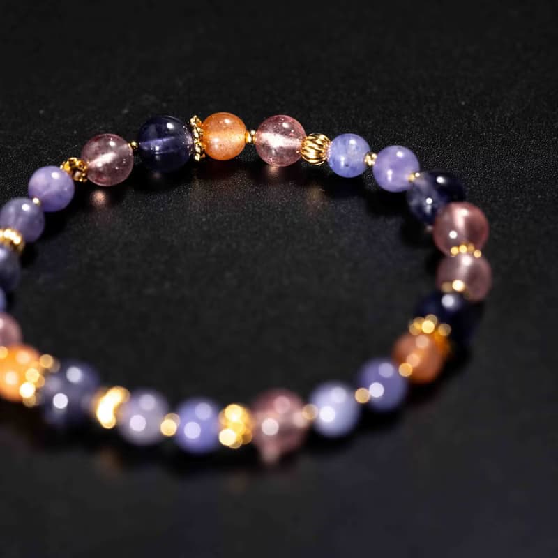 坦桑石菫青石草莓晶14k鍍金手鍊 | 天然水晶手鍊禮物