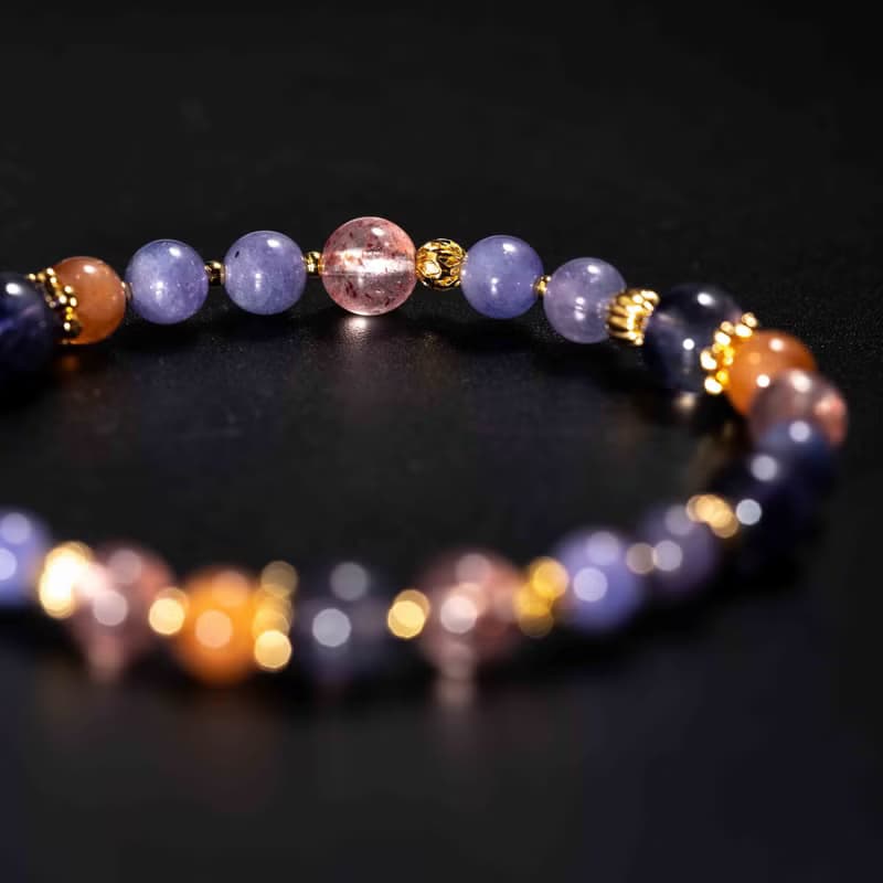 坦桑石菫青石草莓晶14k鍍金手鍊 | 天然水晶手鍊禮物