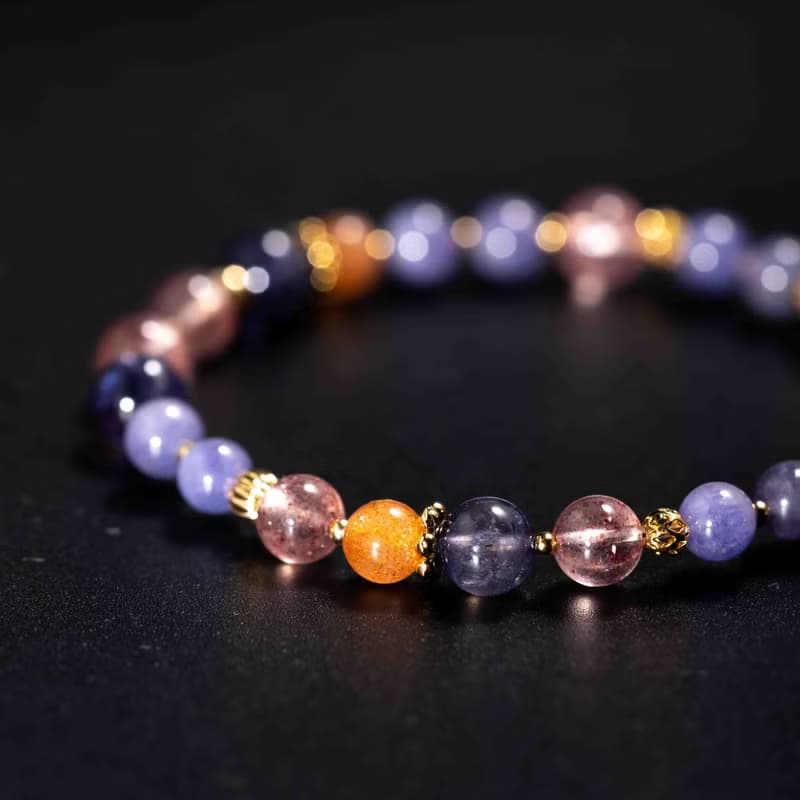 坦桑石菫青石草莓晶14k鍍金手鍊 | 天然水晶手鍊禮物