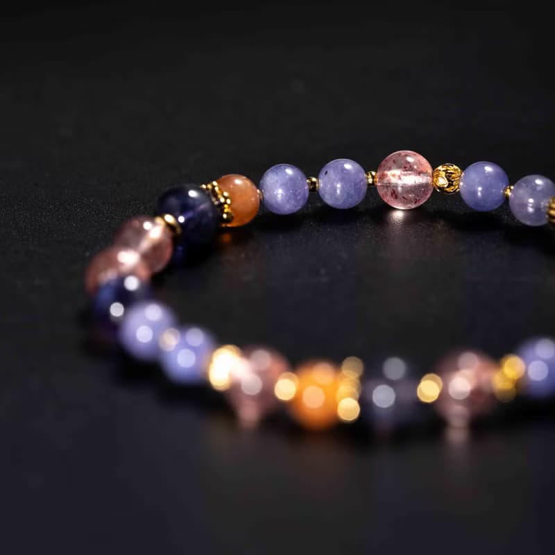 坦桑石菫青石草莓晶14k鍍金手鍊 | 天然水晶手鍊禮物