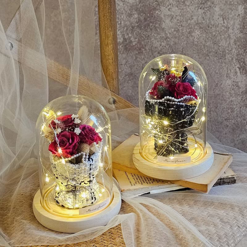 迷你玫瑰花束玻璃鐘罩/現貨/快速出貨