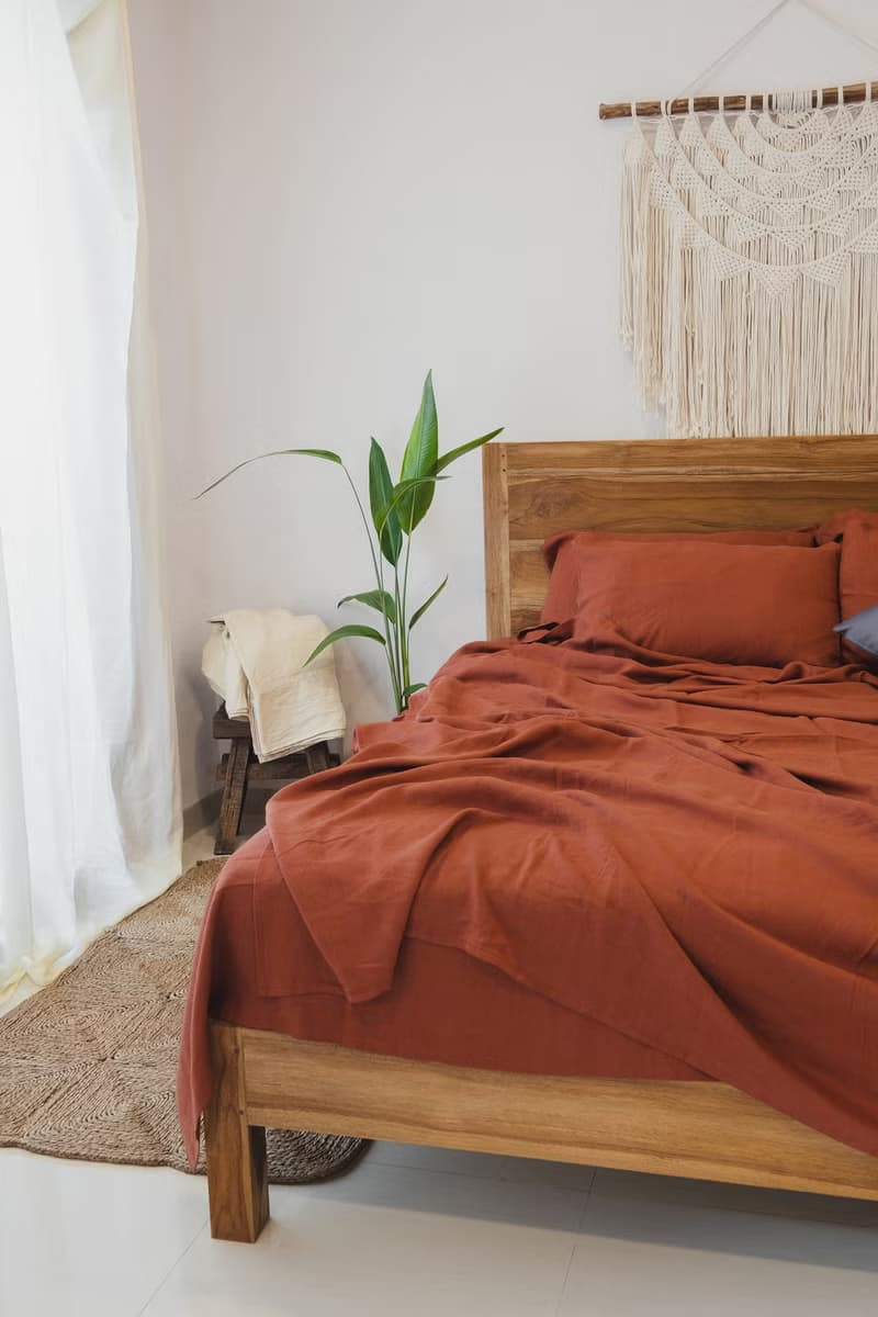 Redwood linen sheet set / Flat+fitted sheet+2 pillowcases / Red bedding