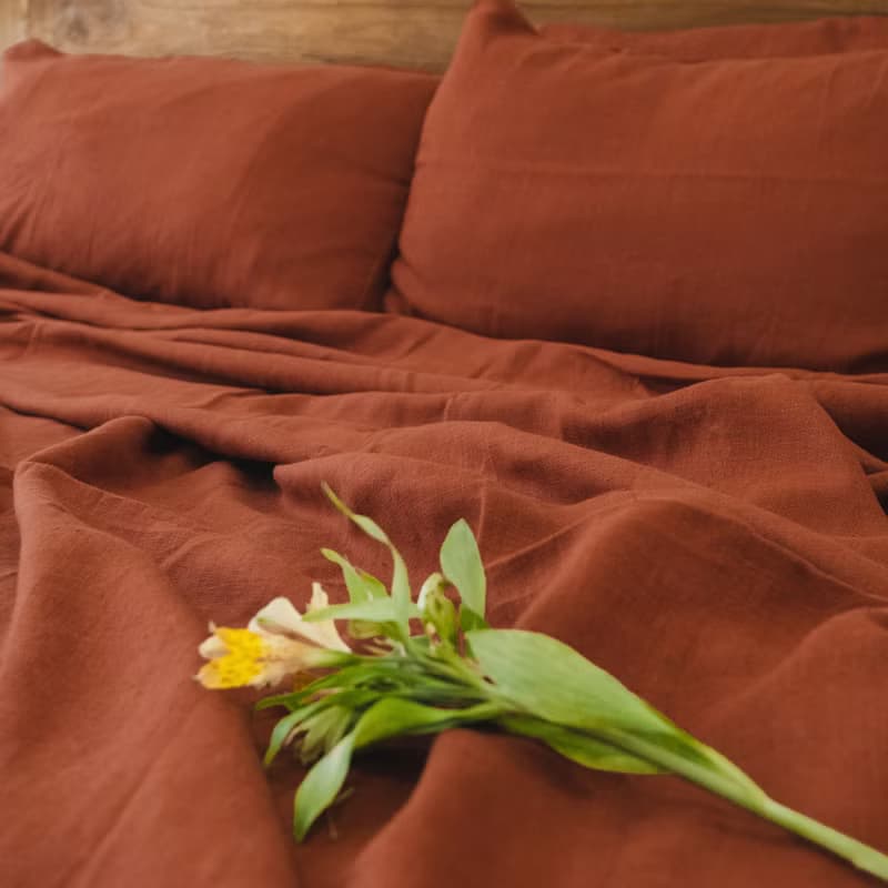 Redwood linen sheet set / Flat+fitted sheet+2 pillowcases / Red bedding