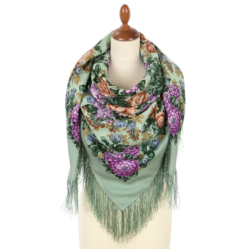 Pavlovo Posad Russian Shawl 100% Wool Scarf 125x125 cm Wrap Silk Fringe 2021-9