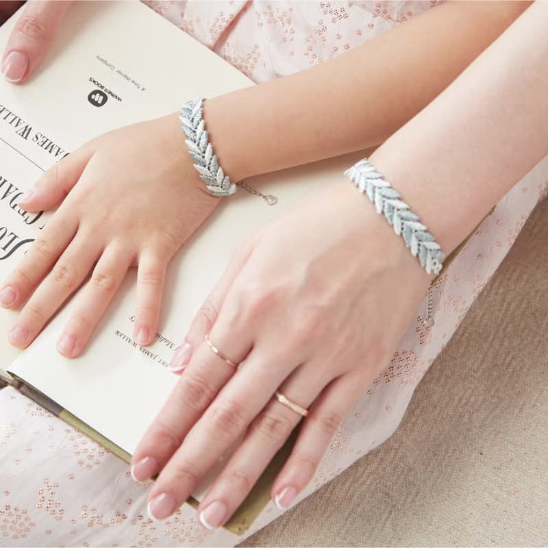 【禮物】葉子蕾絲捷克水晶純銀手鍊/手環-莫蘭迪綠+象牙白親子款