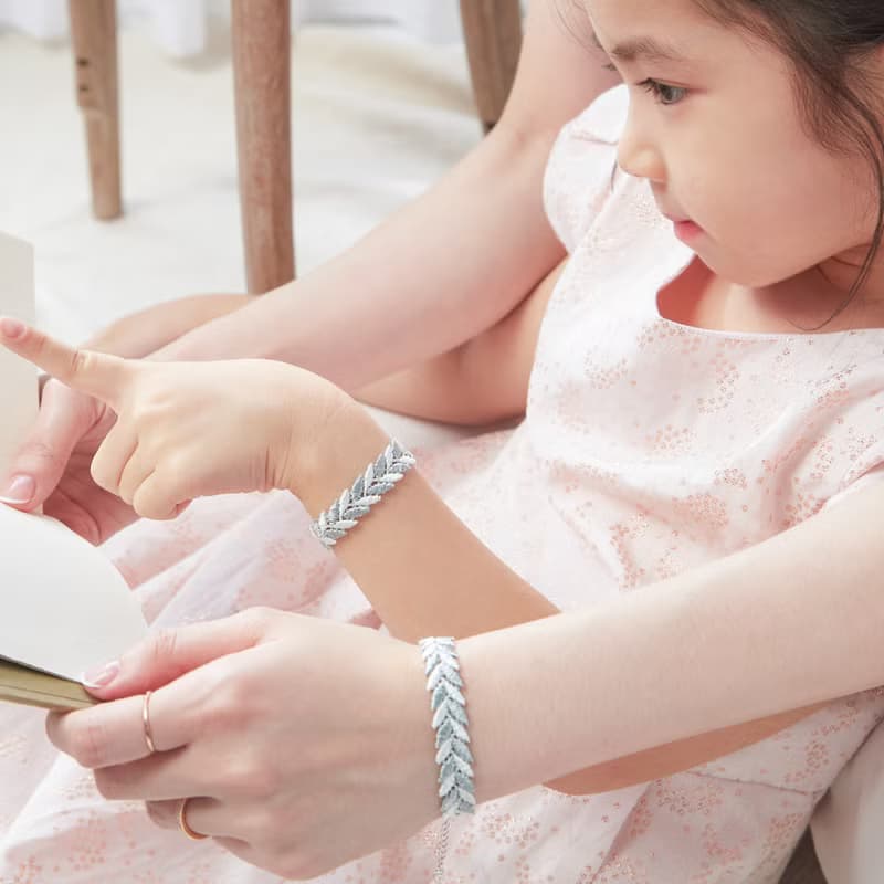 【禮物】葉子蕾絲捷克水晶純銀手鍊/手環-莫蘭迪綠+象牙白親子款