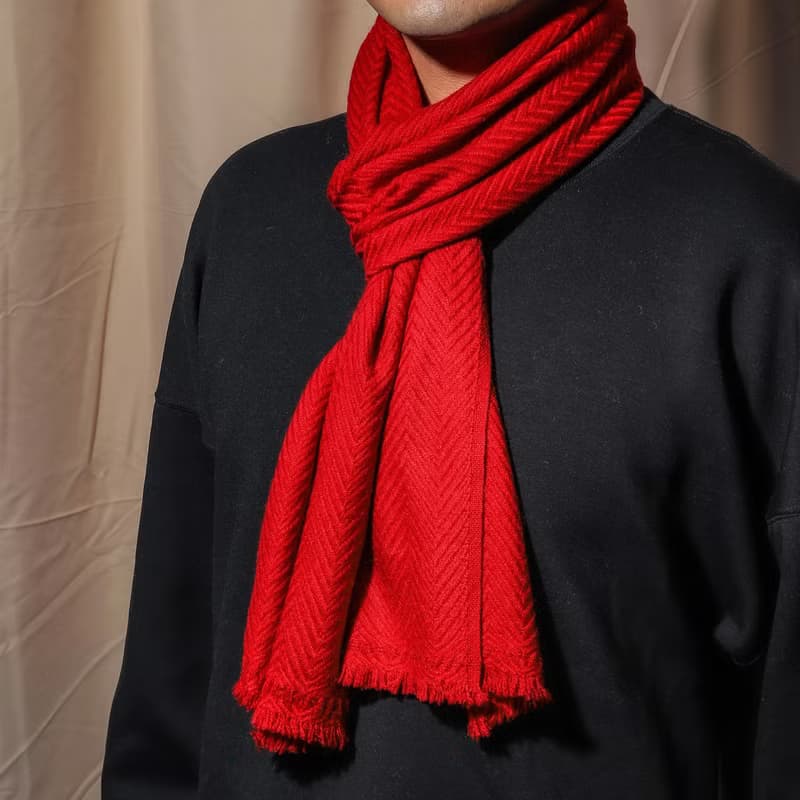 【窄版】喀什米爾羊毛圍巾 紅色 脖圍 手工編織 男女適用