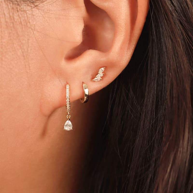 s925水滴型鋯石吊墜耳圈鍍18k金色耳環 疊戴高級感歐美風禮物