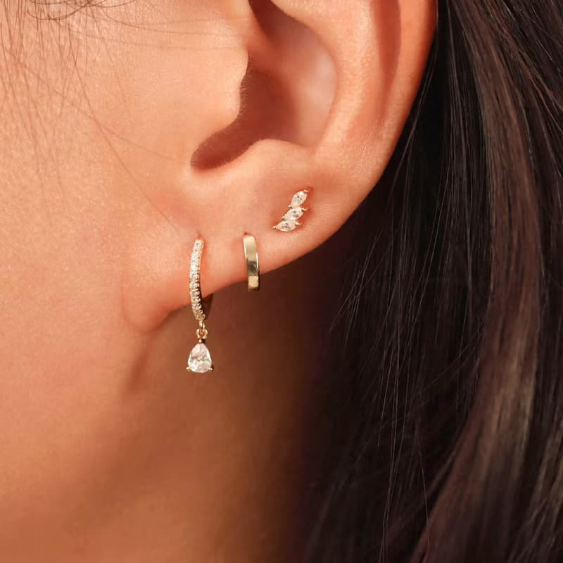 s925水滴型鋯石吊墜耳圈鍍18k金色耳環 疊戴高級感歐美風禮物
