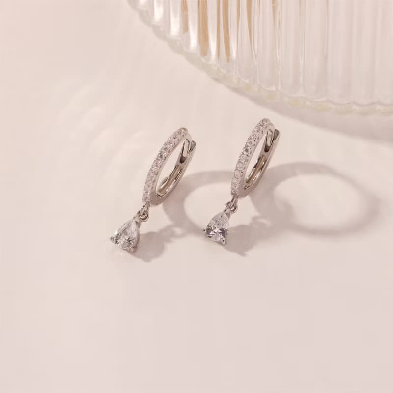 s925水滴型鋯石吊墜耳圈鍍18k金色耳環 疊戴高級感歐美風禮物