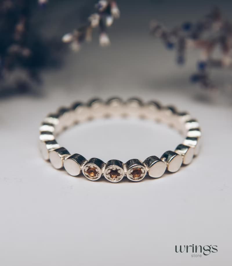 Three Citrines Unique Silver Promise Ring for Her Beaded Eternity Aesthetic