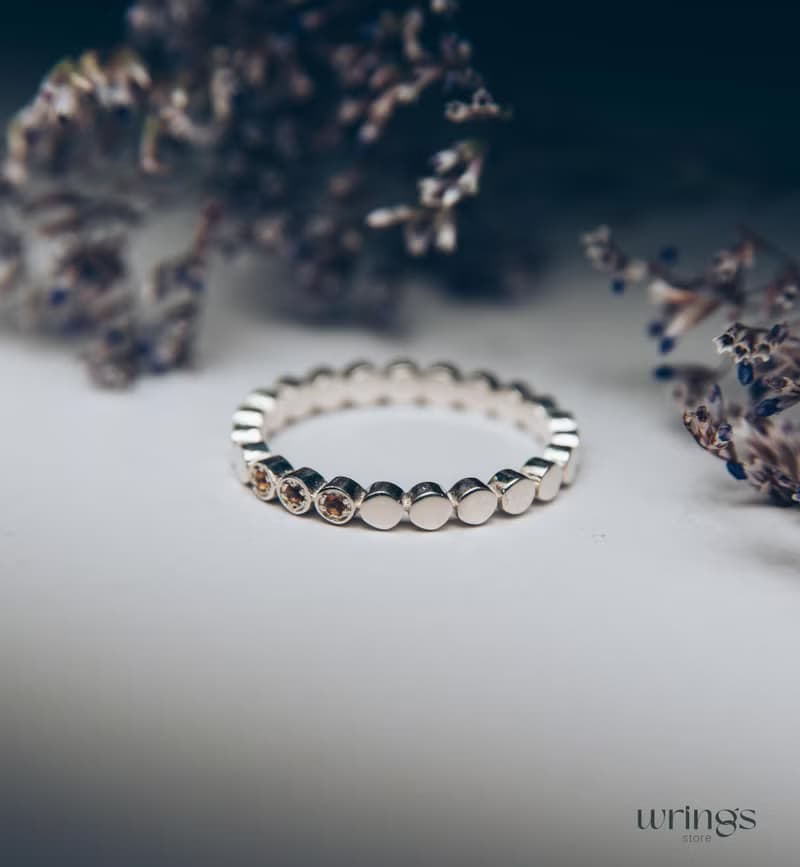 Three Citrines Unique Silver Promise Ring for Her Beaded Eternity Aesthetic