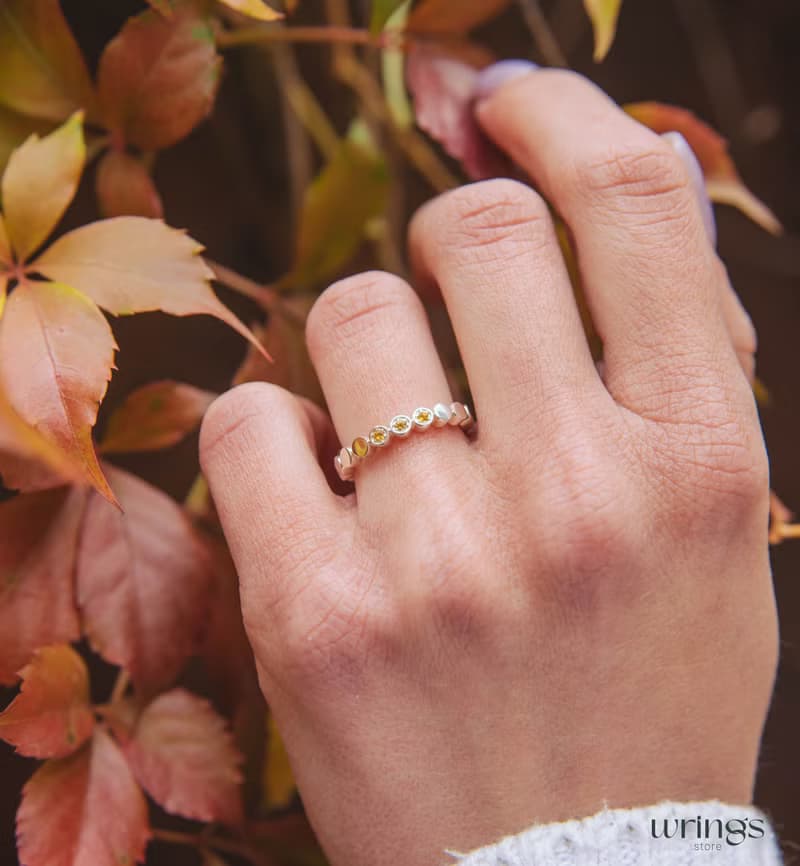Three Citrines Unique Silver Promise Ring for Her Beaded Eternity Aesthetic