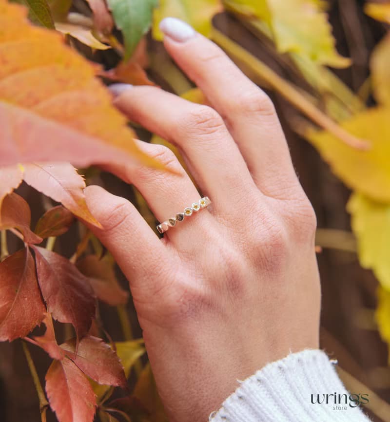 Three Citrines Unique Silver Promise Ring for Her Beaded Eternity Aesthetic