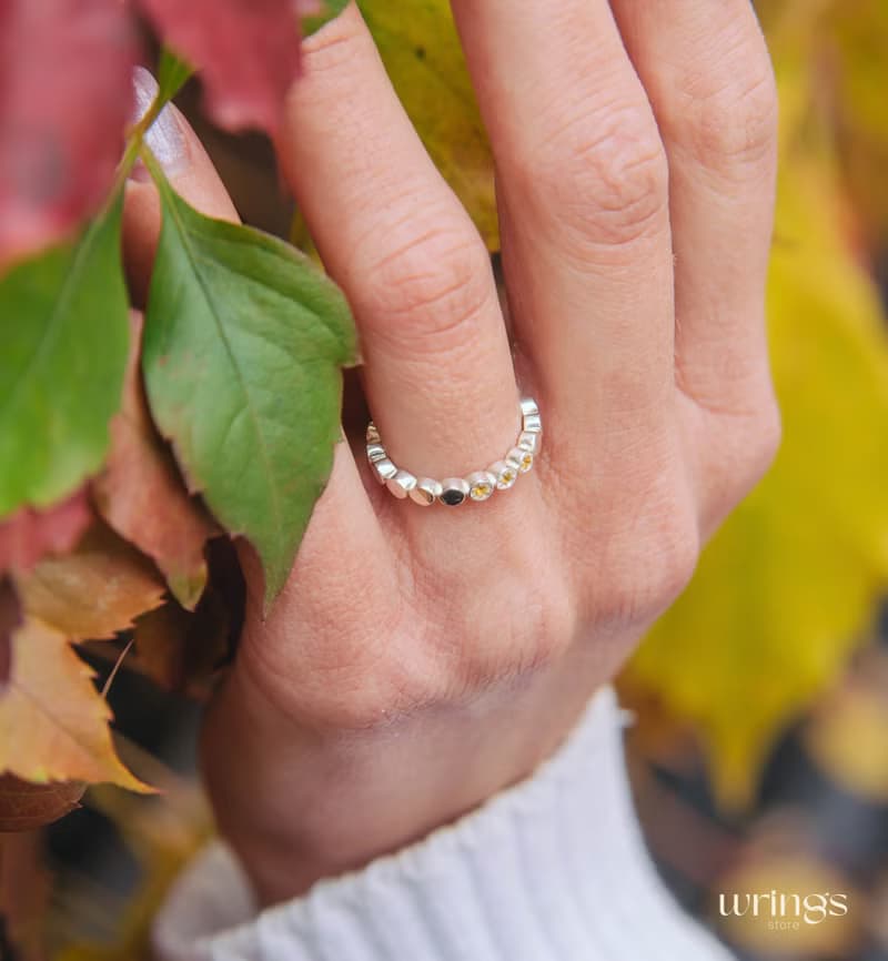 Three Citrines Unique Silver Promise Ring for Her Beaded Eternity Aesthetic