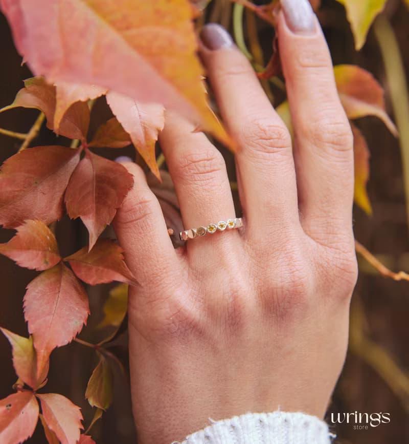 Three Citrines Unique Silver Promise Ring for Her Beaded Eternity Aesthetic