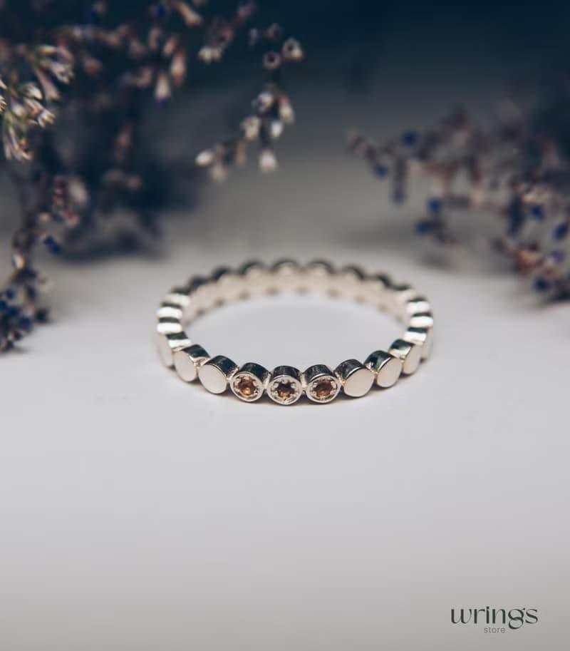 Three Citrines Unique Silver Promise Ring for Her Beaded Eternity Aesthetic