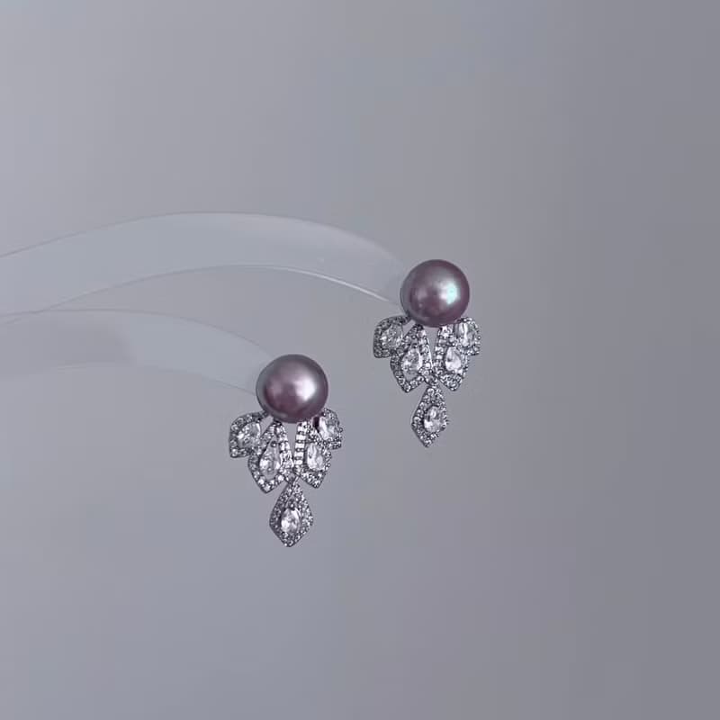 YuanPearl天然極光圓潤紫珍珠耳環通勤百搭法式純銀耳環