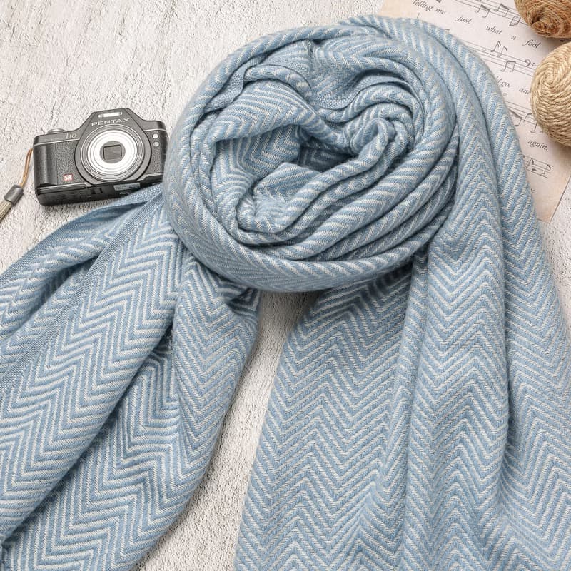 【厚款】喀什米爾羊毛圍巾/披肩  山形紋藍色 手工機織