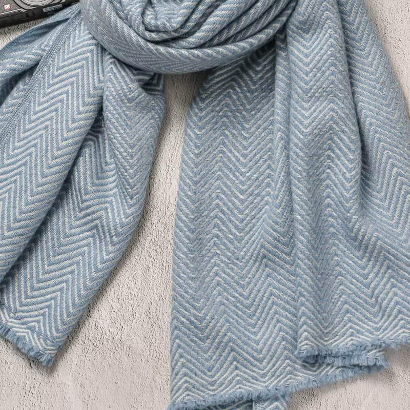 【厚款】喀什米爾羊毛圍巾/披肩  山形紋藍色 手工機織