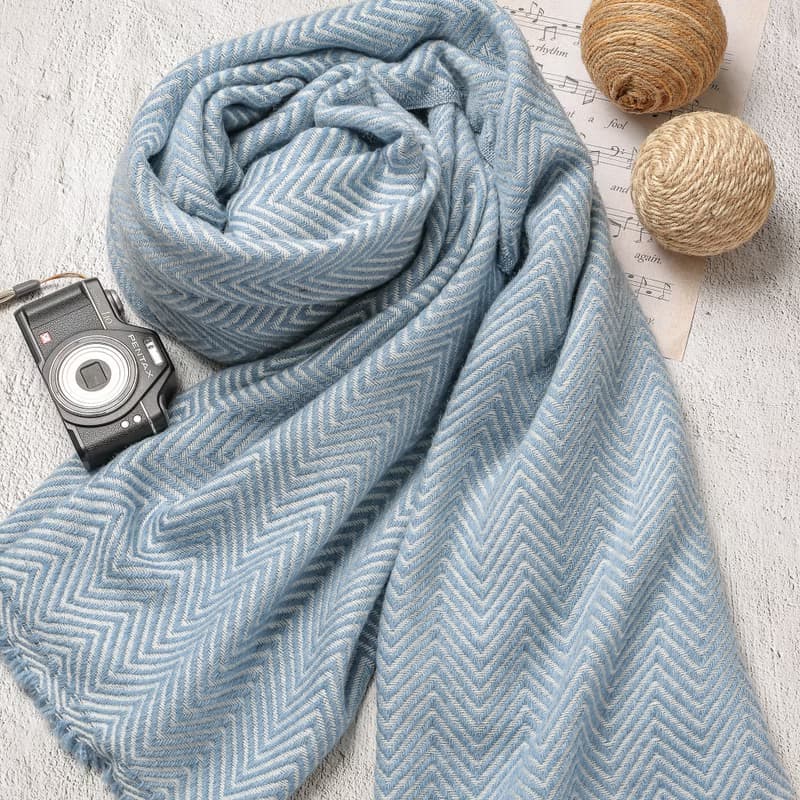 【厚款】喀什米爾羊毛圍巾/披肩  山形紋藍色 手工機織
