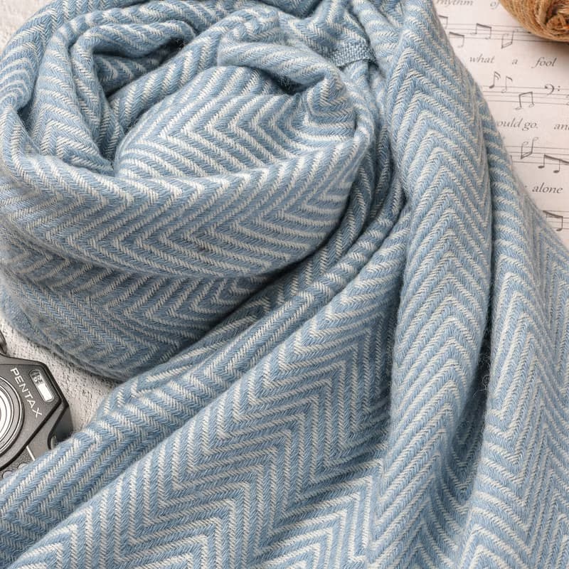【厚款】喀什米爾羊毛圍巾/披肩  山形紋藍色 手工機織