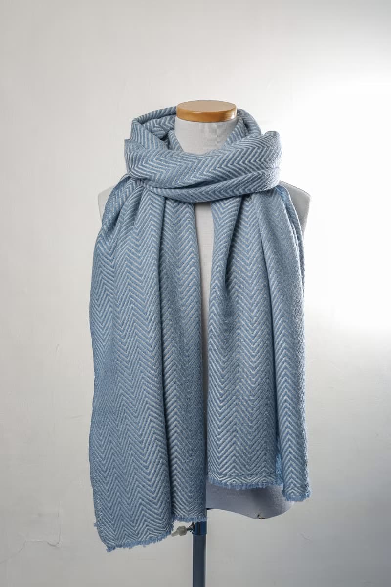 【厚款】喀什米爾羊毛圍巾/披肩  山形紋藍色 手工機織
