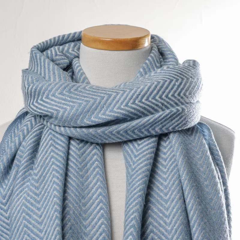 【厚款】喀什米爾羊毛圍巾/披肩  山形紋藍色 手工機織