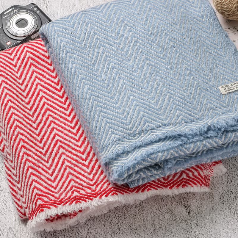 【厚款】喀什米爾羊毛圍巾/披肩  山形紋藍色 手工機織