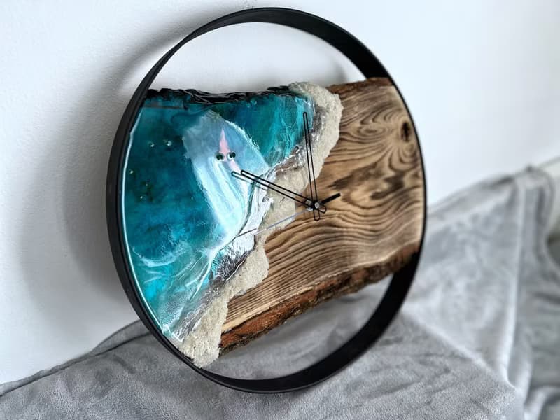 Loft wood Beach wall clock, resin ocean clock with sea shell 壁飾 掛鐘 藍染 女 禮物 入厝禮物