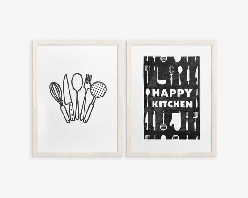 Gallery wall set of 2 Black utensils pattern Happy kitchen sign Linocut print