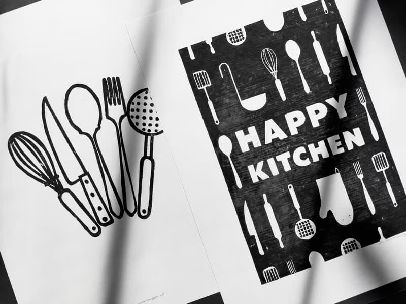 Gallery wall set of 2 Black utensils pattern Happy kitchen sign Linocut print
