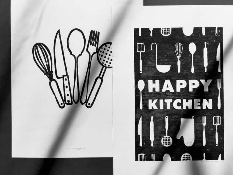 Gallery wall set of 2 Black utensils pattern Happy kitchen sign Linocut print