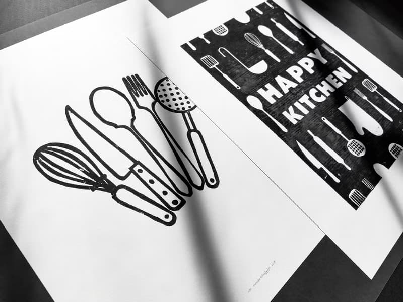 Gallery wall set of 2 Black utensils pattern Happy kitchen sign Linocut print