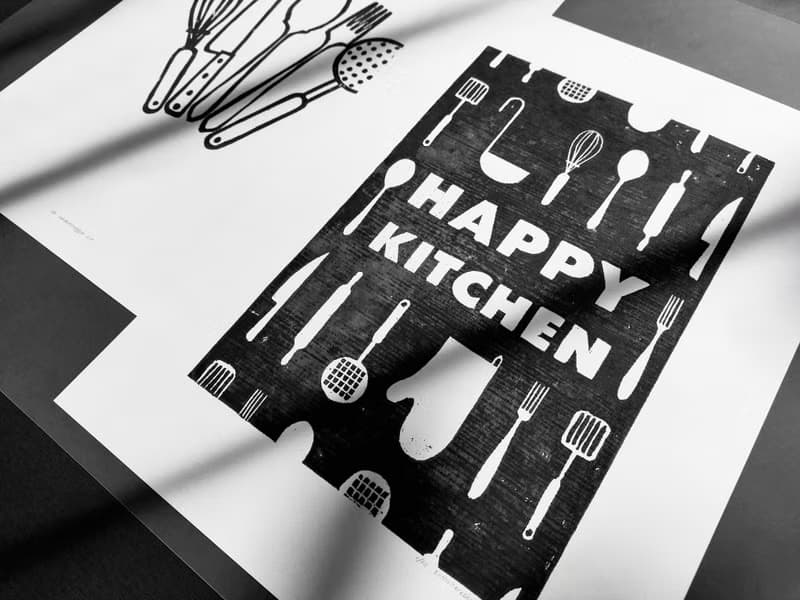 Gallery wall set of 2 Black utensils pattern Happy kitchen sign Linocut print