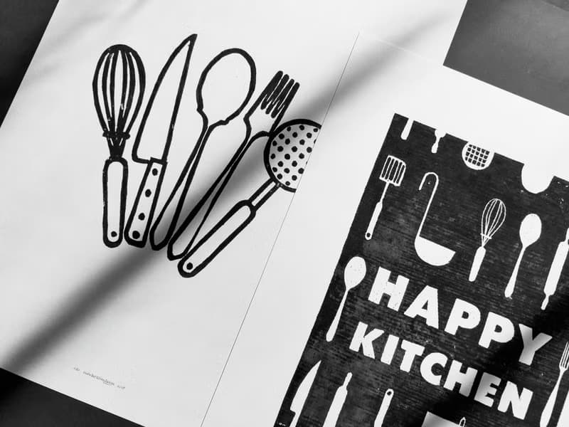 Gallery wall set of 2 Black utensils pattern Happy kitchen sign Linocut print