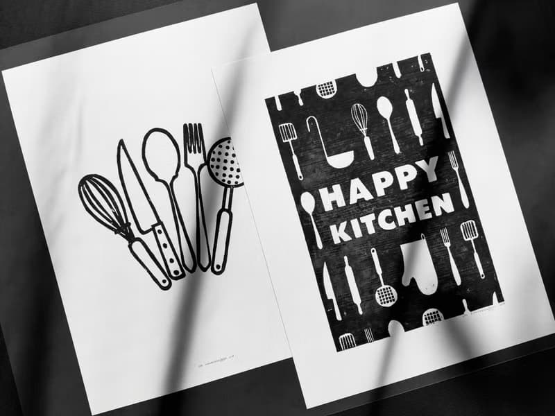 Gallery wall set of 2 Black utensils pattern Happy kitchen sign Linocut print