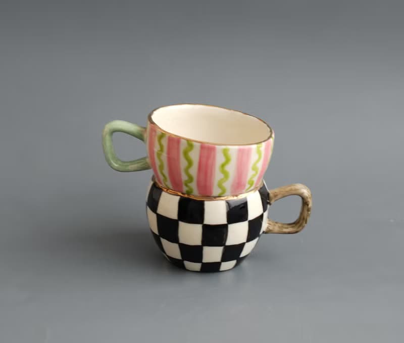 Porcelain mug Painted black and white check Dancing mug Wonderland